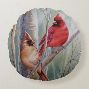 Red Northern Cardinal Bird Pair Watercolor Art Round Cushion