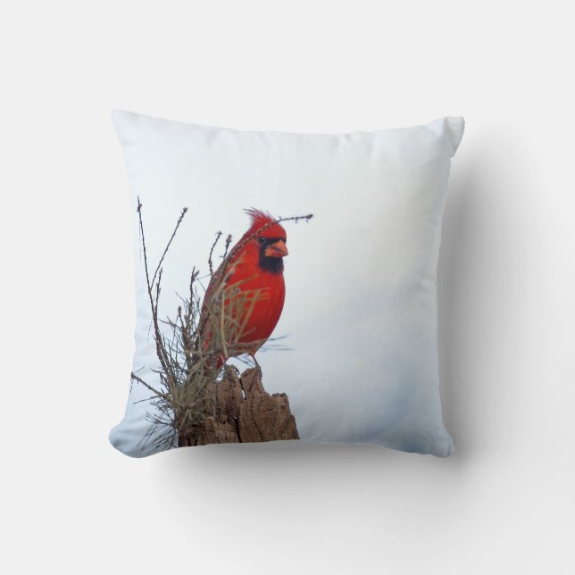 Red Northern Cardinal sitting on a wooden post Cushion (Front)