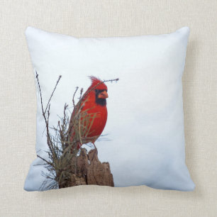Red Northern Cardinal sitting on a wooden post Cushion