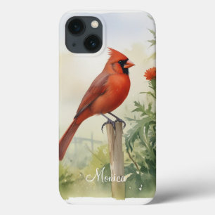 Red Northern Cardinal Watercolor Personalise name iPhone 13 Case