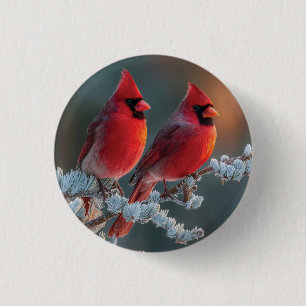 Red Northern Cardinals Perched on a Frosted Branch 3 Cm Round Badge