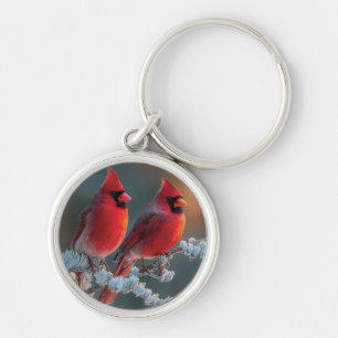 Red Northern Cardinals Perched on a Frosted Branch Key Ring