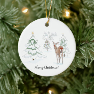 Red Nose Deer in the Snowy Wood Holiday Ceramic Ornament