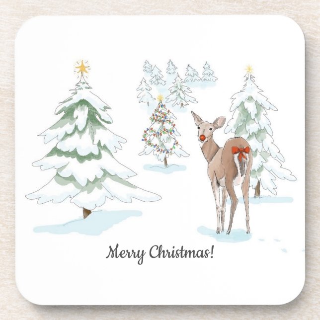 Red Nose Deer in the Snowy Wood Holiday Coaster (Front)