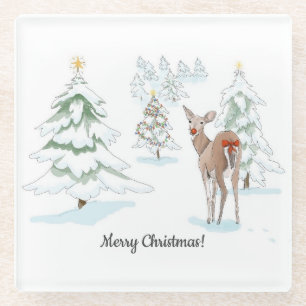Red Nose Deer in the Snowy Wood Holiday Glass Coaster