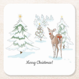 Red Nose Deer in the Snowy Wood Holiday Square Paper Coaster