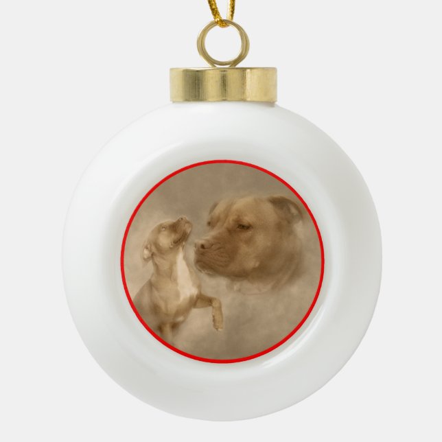 Red Nose Pitbull White Christmas Trees Ceramic Ball Christmas Ornament (Front)