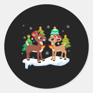 Red Nose Reindeer and Clarice Christmas Tree Kids Classic Round Sticker