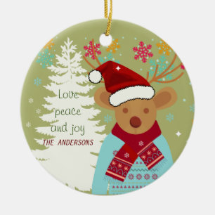Red Nose Reindeer Snowflake Family Name Christmas Ceramic Ornament