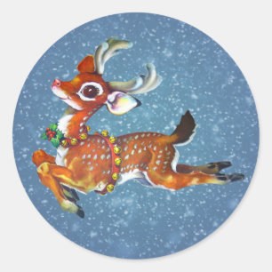 Red Nose Reindeer Vintage Art Classic Round Sticker