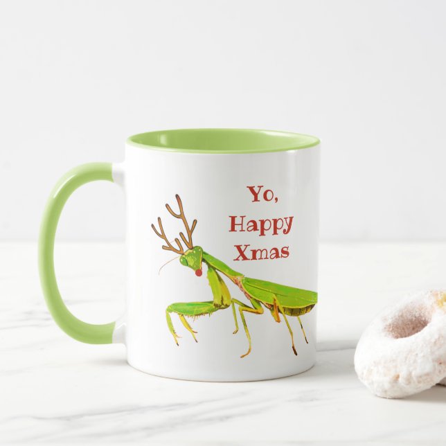 Red Nosed Praying Mantis Weird Christmas Mug (With Donut)