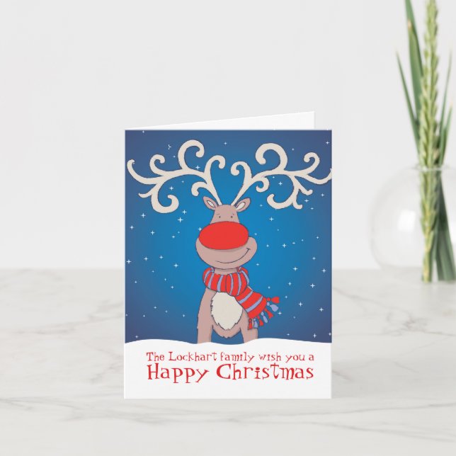 Red nosed reindeer in snow Christmas card (Front)