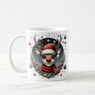 Red-Nosed Reindeer with Santa Hat Art Coffee Mug