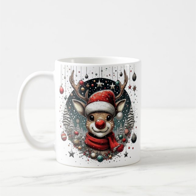 Red-Nosed Reindeer with Santa Hat Art Coffee Mug (Left)