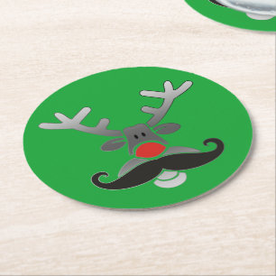 Red Nosed Rudolph with Moustache + your idea Round Paper Coaster