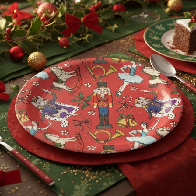 Red Nutcracker Ballet Christmas Xmas Party Paper Plate (Festive Red Nutcracker Christmas Paper Plates. Seasonal Nutcracker Pattern for Xmas Dinner Party)