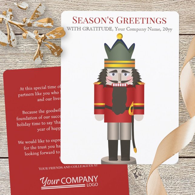 Red Nutcracker Business Christmas Cards (nostalgic red nutcracker company business logo holiday Christmas greeting card for employees clients)