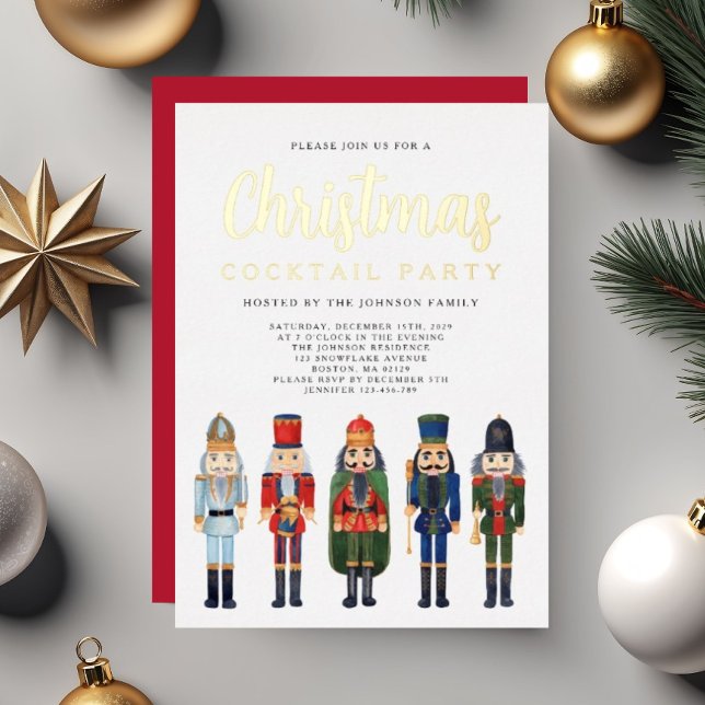 Red Nutcracker Christmas Cocktail Party Gold (Red Nutcracker Christmas Cocktail Party Gold Foil Invitation)
