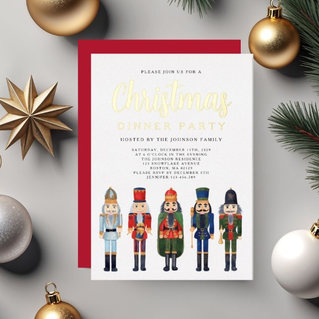 Red Nutcracker Christmas Dinner Party Gold (Red Nutcracker Christmas Dinner Party Gold Foil Invitation)