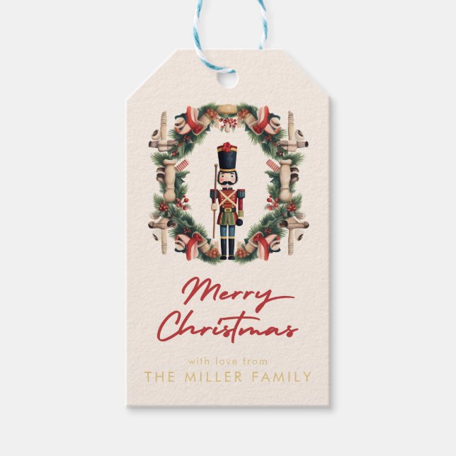 Red Nutcracker Wreath Christmas Gift Tags (Front)