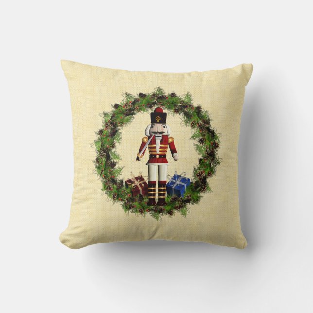 Red Nutcracker Wreath Christmas Throw Pillow (Front)