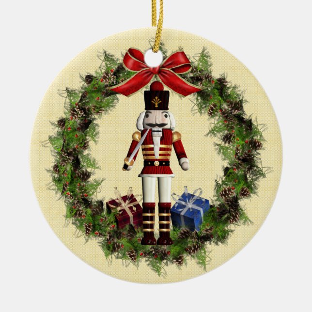 Red Nutcracker Wreath Round Christmas Ornament (Front)