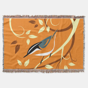 Red Nuthatch On Stylised Tree Branch Throw Blanket