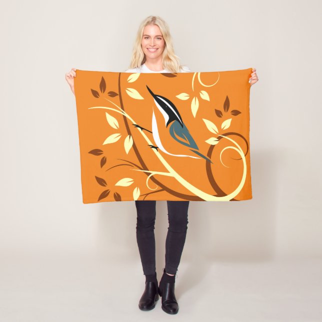 Red Nuthatch On Stylized Tree Branch Fleece Blanket (In Situ)
