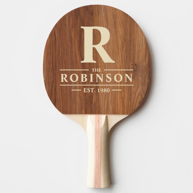 Red Oak Wood Family Name & Initial Ping Pong Paddle (Front)