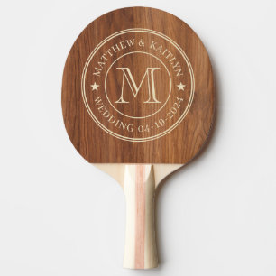 Red Oak Wood Wedding Monogram Star Ping Pong Paddle