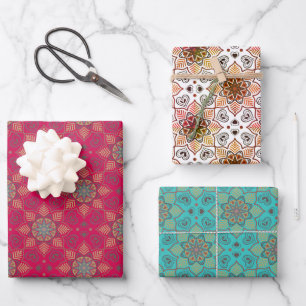 Red Ocean Blue Orange Mandala Flower Batik Pattern Wrapping Paper Sheet