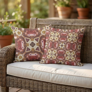 Red Ochre Mustard Yellow Taupe Brown Tribal Art Cushion