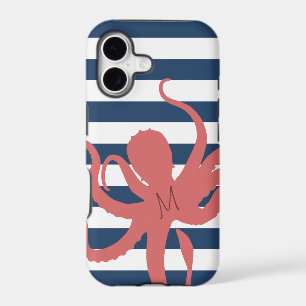 Red octopus modern beach white navy blue striped