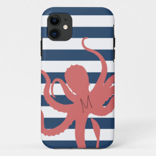 Red octopus modern beach white navy blue striped iPhone 11 case