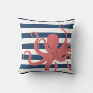 Red octopus modern beach white navy blue striped cushion
