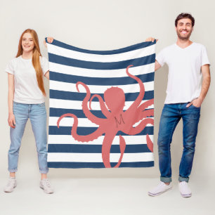 Red octopus modern beach white navy blue striped fleece blanket