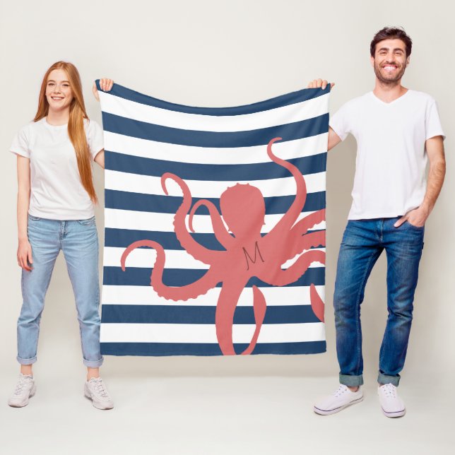 Red octopus modern beach white navy blue striped fleece blanket (In Situ)