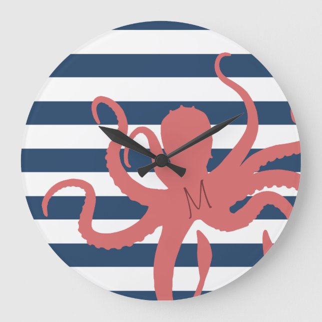 Red octopus modern beach white navy blue striped large clock (Front)
