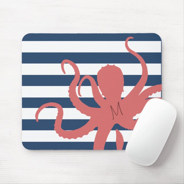 Red octopus modern beach white navy blue striped mouse pad (With Mouse)