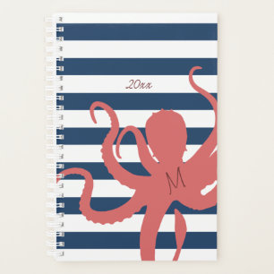 Red octopus modern beach white navy blue striped planner