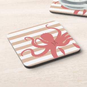 Red octopus modern beach white sand striped coaster