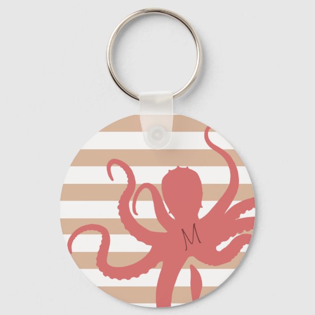 Red octopus modern beach white sand striped key ring (Front)