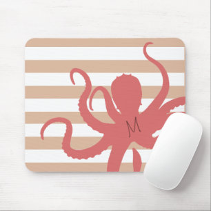 Red octopus modern beach white sand striped mouse pad