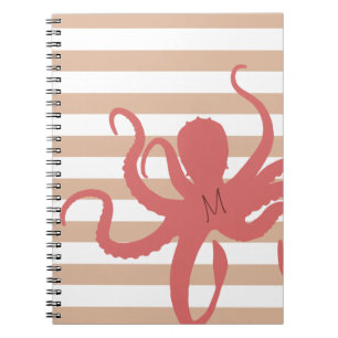 Red octopus modern beach white sand striped notebook