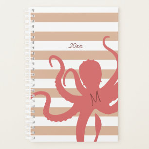 Red octopus modern beach white sand striped planner