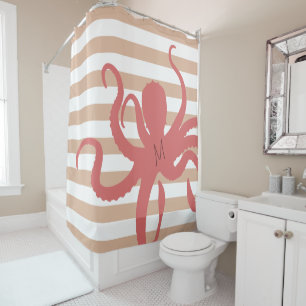 Red octopus modern beach white sand striped shower curtain