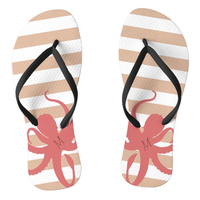 Red octopus modern beach white sand striped thongs (Footbed)