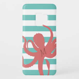 Red octopus modern beach white teal striped Case-Mate samsung galaxy s9 case
