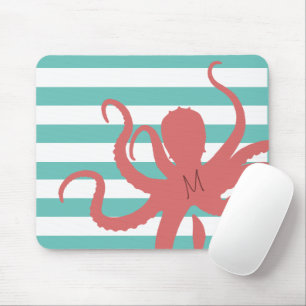 Red octopus modern beach white teal striped mouse pad