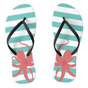 Red octopus modern beach white teal striped thongs